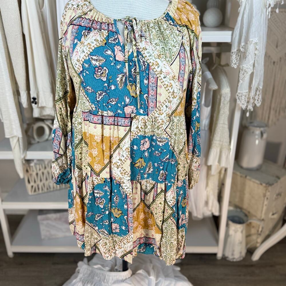 ANDREE BY UNIT Teal, Mustard & Cream Patchwork Midi Dress
